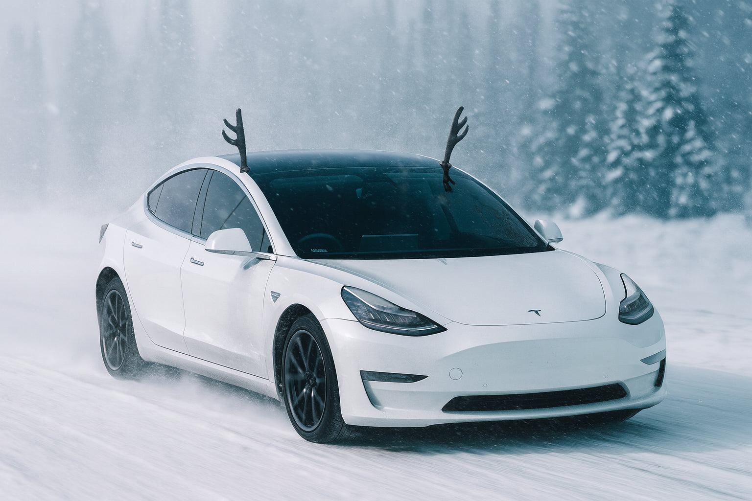 White Tesla Model 3 driving on a snowy road with trees in the background