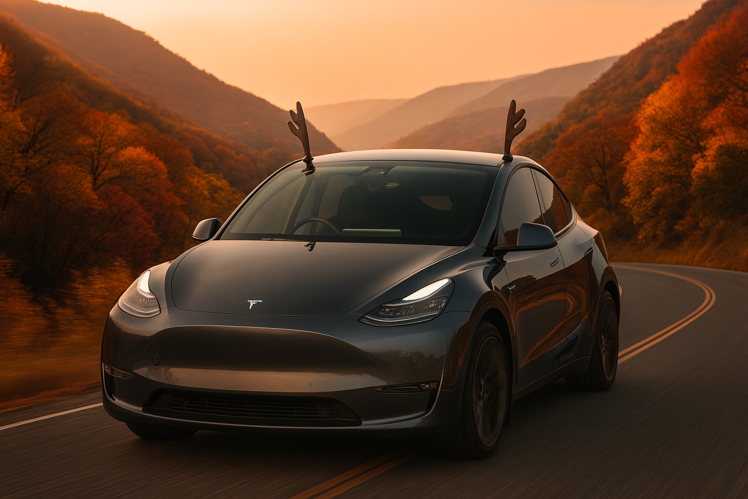Tesla car on a mountain road with a sunset background and Antler roof attachment
