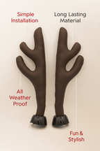 Two brown car antlers objects with text highlighting features on a beige background