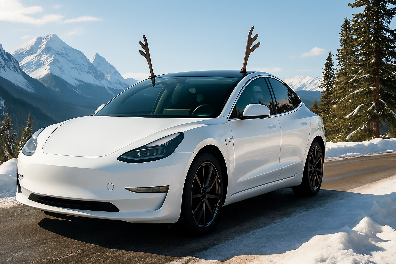 White Tesla car with reindeer antlers on a snowy road with mountains in the background